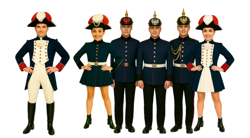 Mitglieder des Regiments in dunkelblauen Uniformen mit roten und cremefarbenen Akzenten